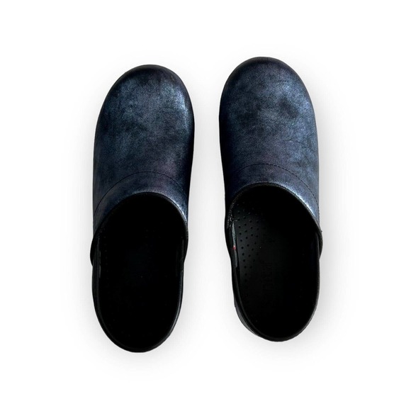 Sanita Women’s Blue Shimmer & Black Leather Professional Bottom Clogs Size 8 - Picture 6 of 12